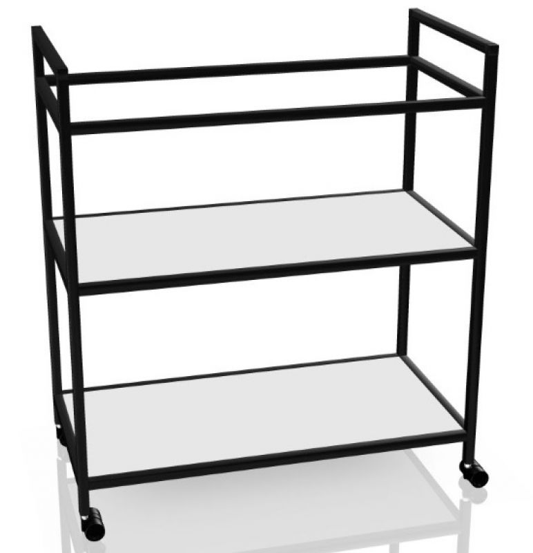 P4 Servierwagen Palmberg mit drei Ablageflächen und schwarzem Metallgestell auf Rollen.